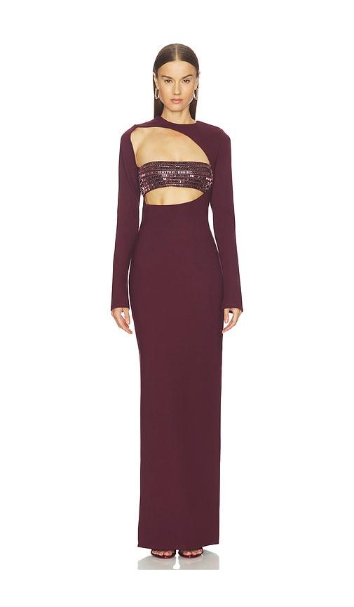 camila coelho gelina maxi dress in burgundy.