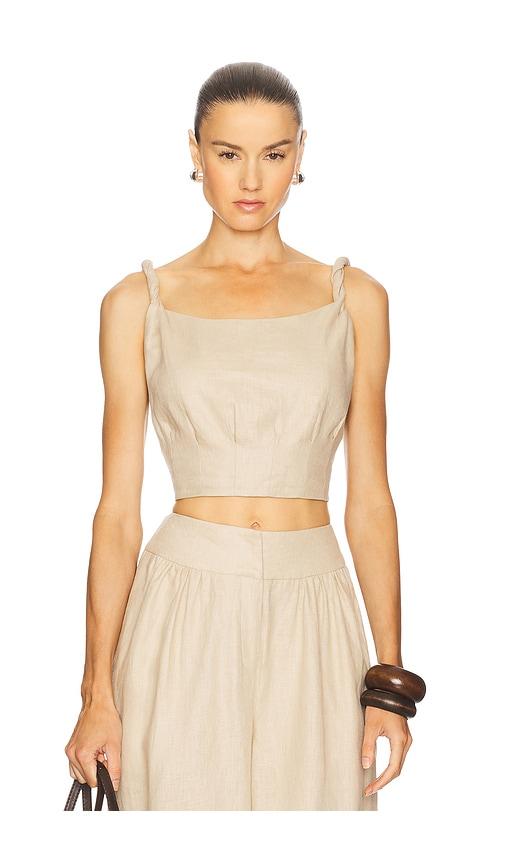 camila coelho harlow linen top in beige.