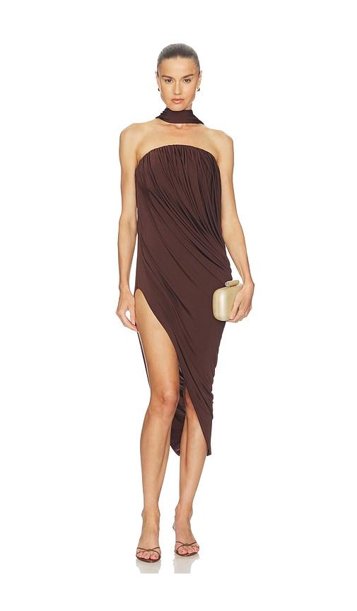 camila coelho imarisa midi dress in brown.