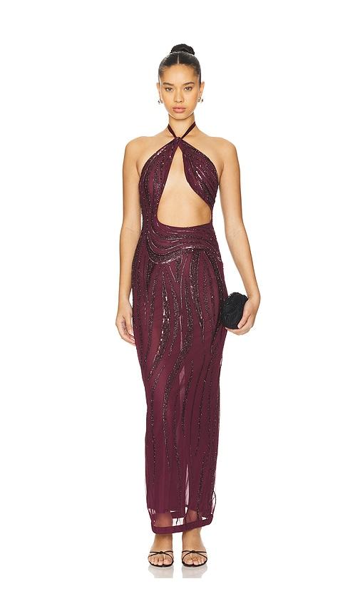 camila coelho lyra maxi dress in burgundy.