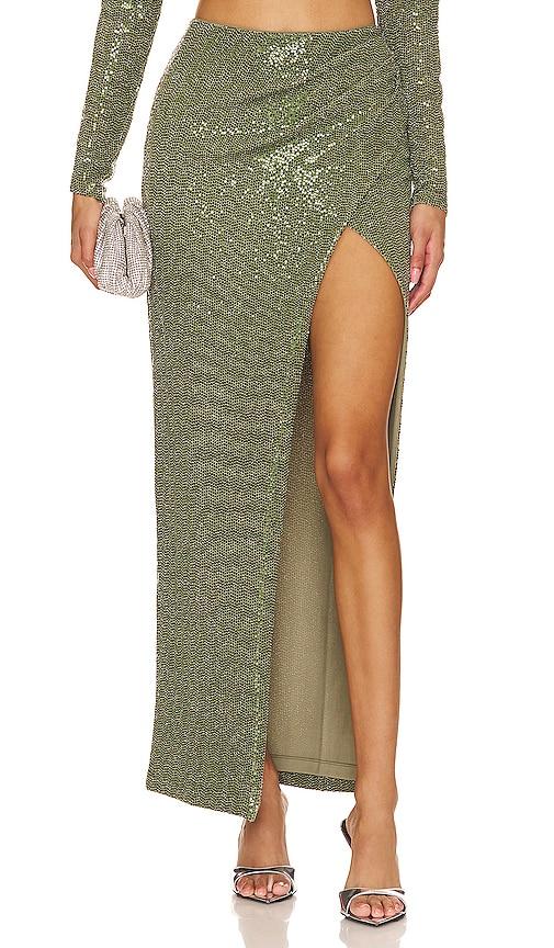 camila coelho martin maxi skirt in olive.