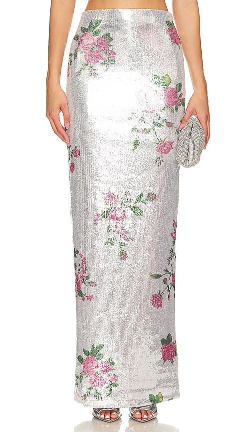 camila coelho pia maxi skirt in metallic silver.