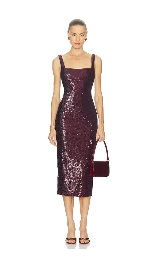 camila coelho veda midi dress in burgundy.