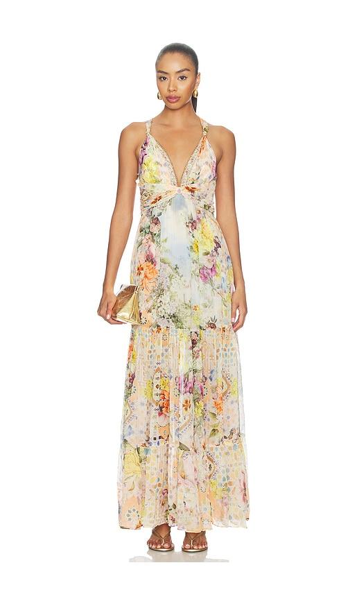 camilla bead strap gathered panel dress in yellow.