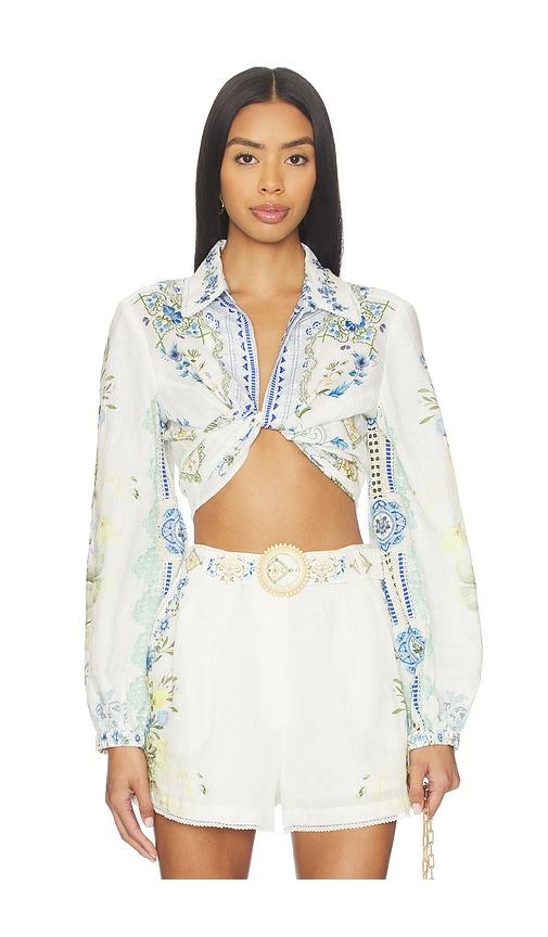 camilla cropped wrap shirt in blue.