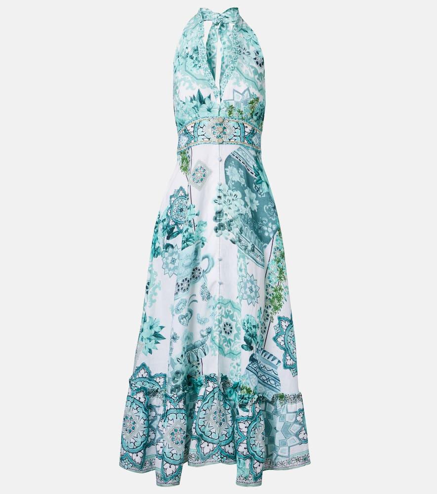 camilla embellished ruffled halterneck linen midi dress