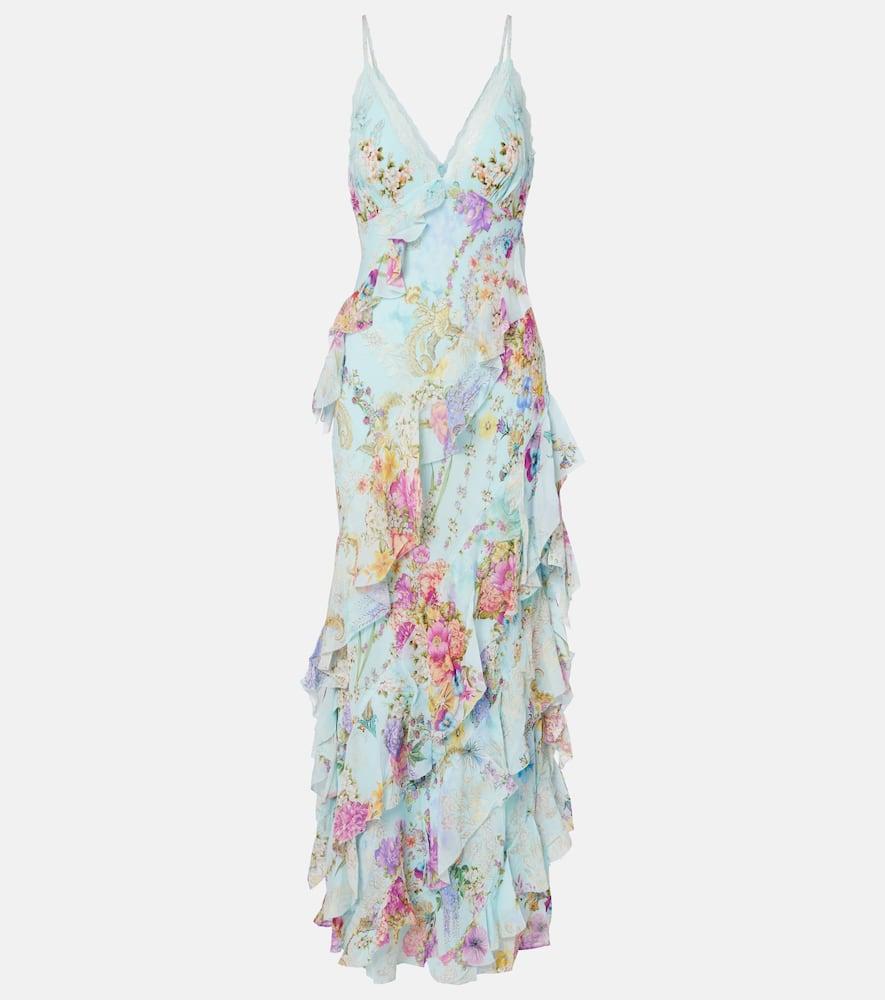 camilla floral ruffled silk slip dress