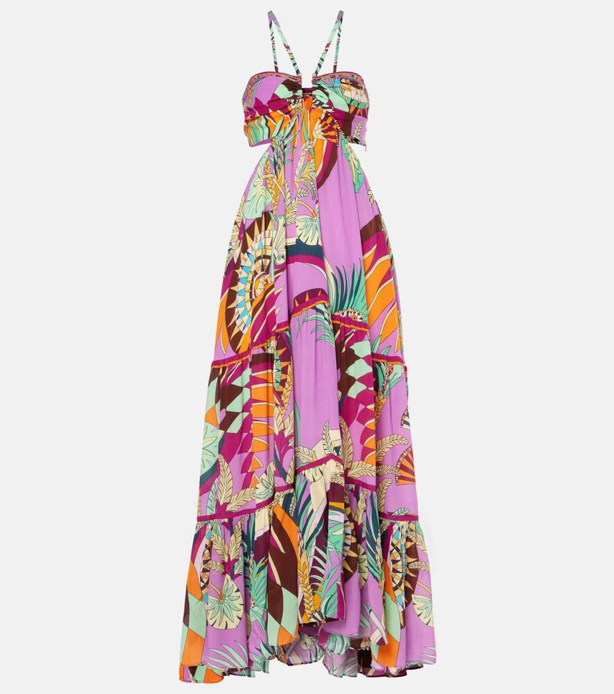 camilla gathered printed silk cutout maxi dress
