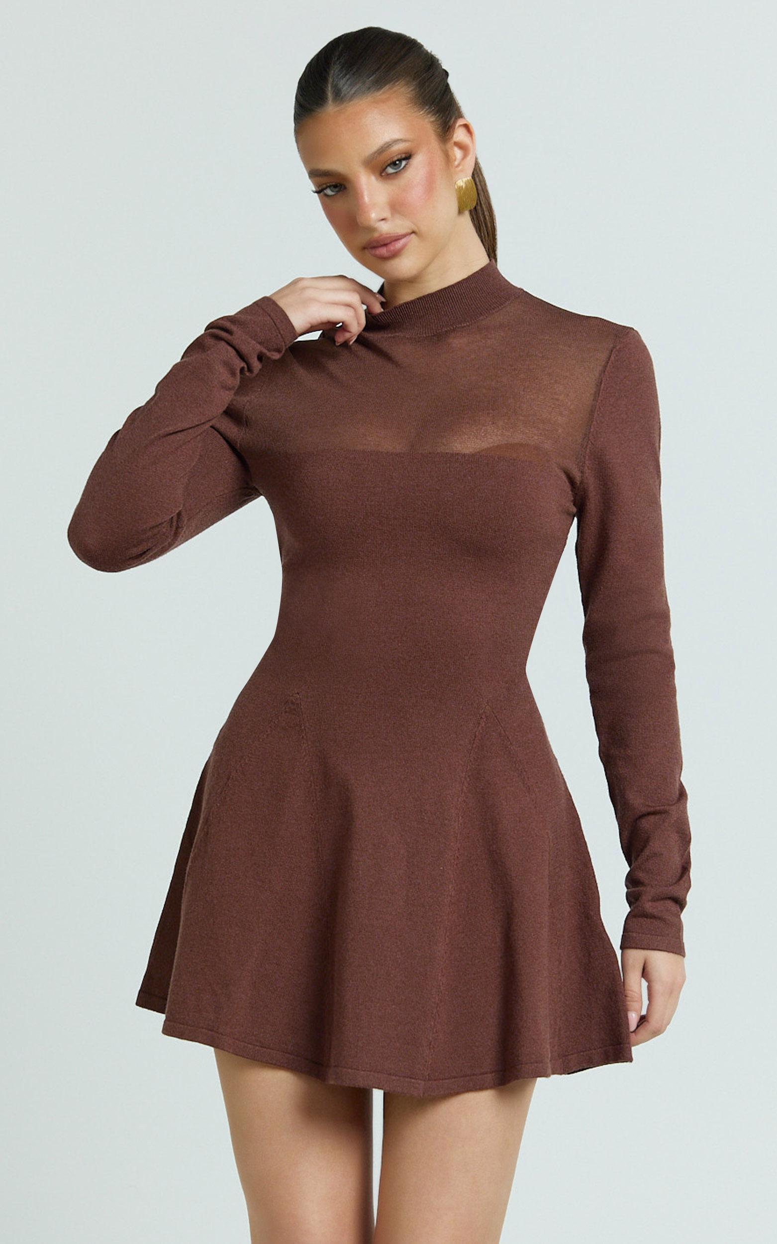 camilla mini dress - turtle neck fit and flare sheer contrast knit dress in chocolate