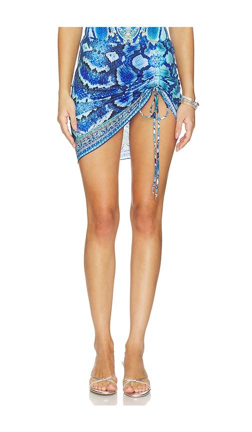 camilla ruched short sarong with ring front trim in blue.