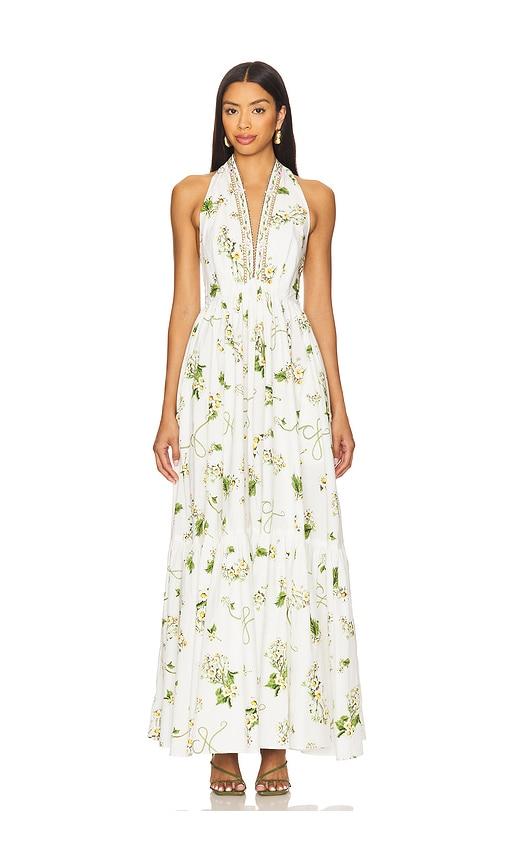 camilla ruffle hem halter dress in white.