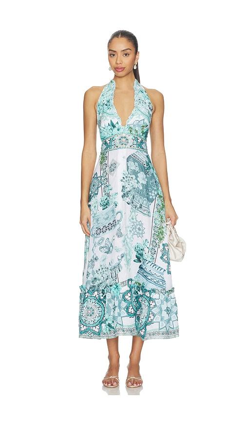 camilla ruffle neck halter dress in green.