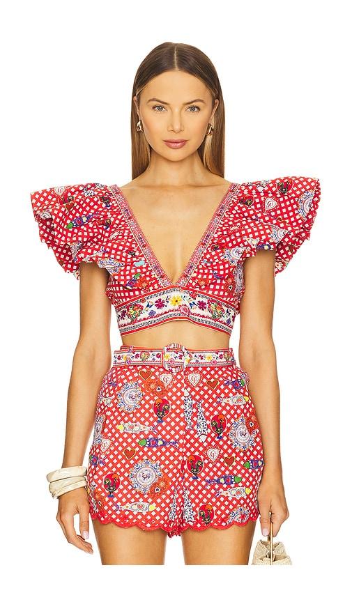 camilla ruffle wrap top in pink.