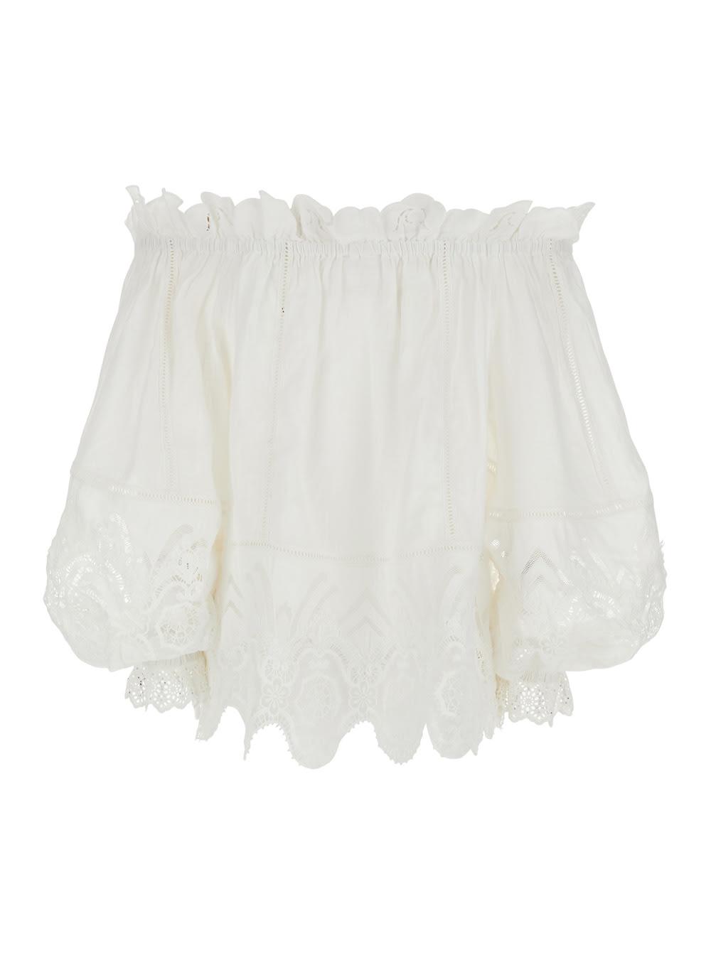 camilla white off shoulder top with all-over embroidery in linen for women