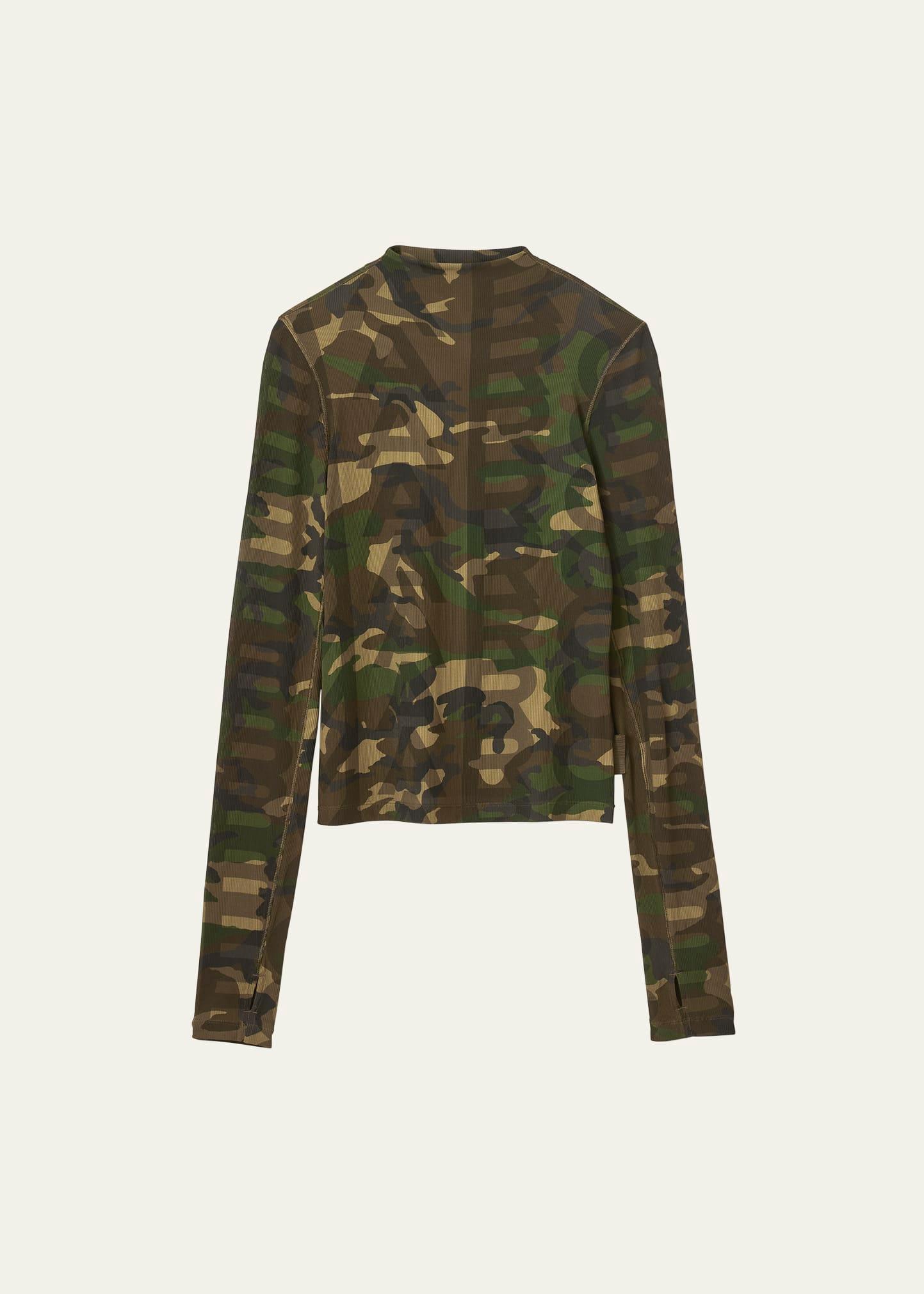 camo logo-print turtleneck long-sleeve sheer top