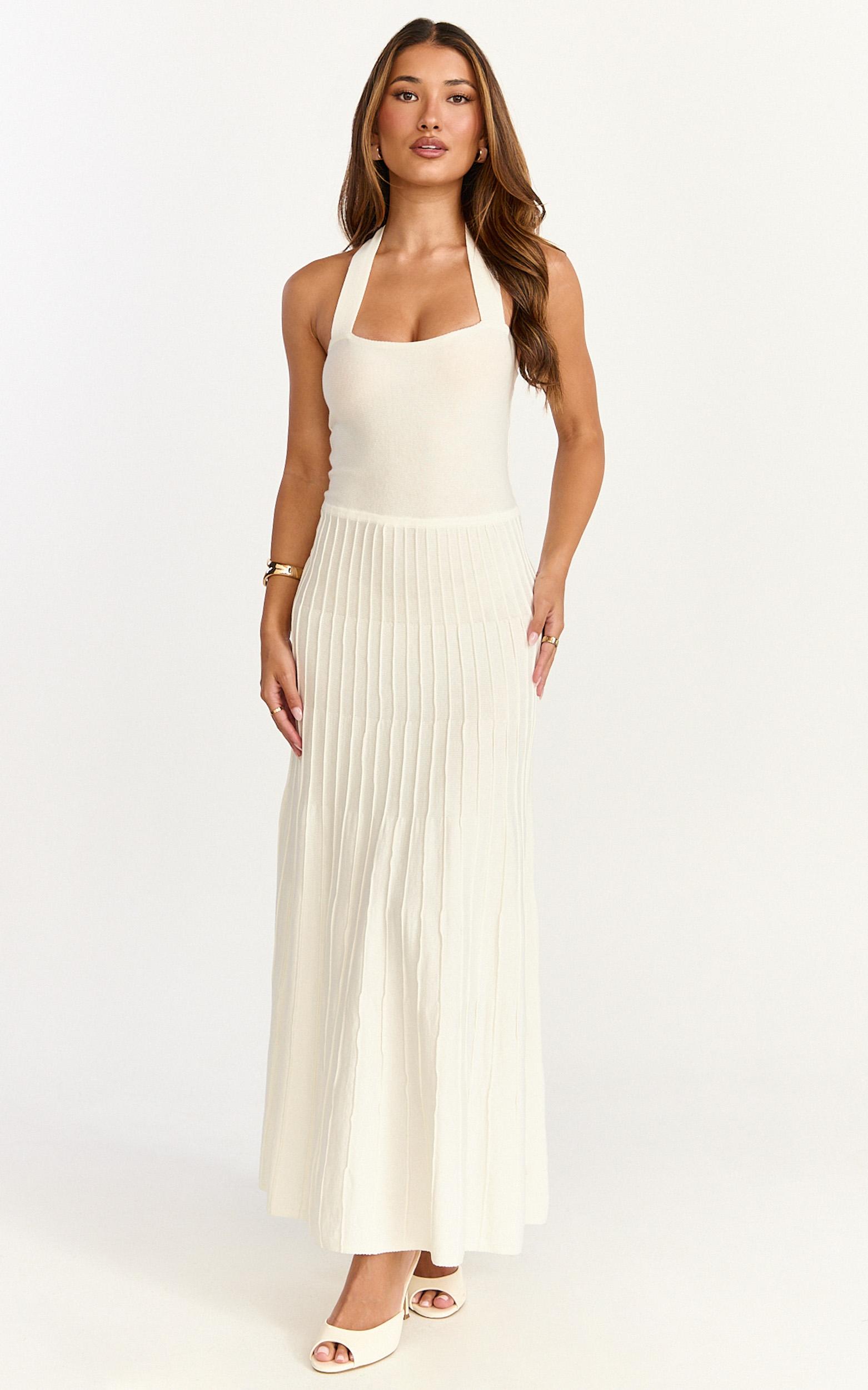 candace midi dress - halter neck ribbed knit dress in cream