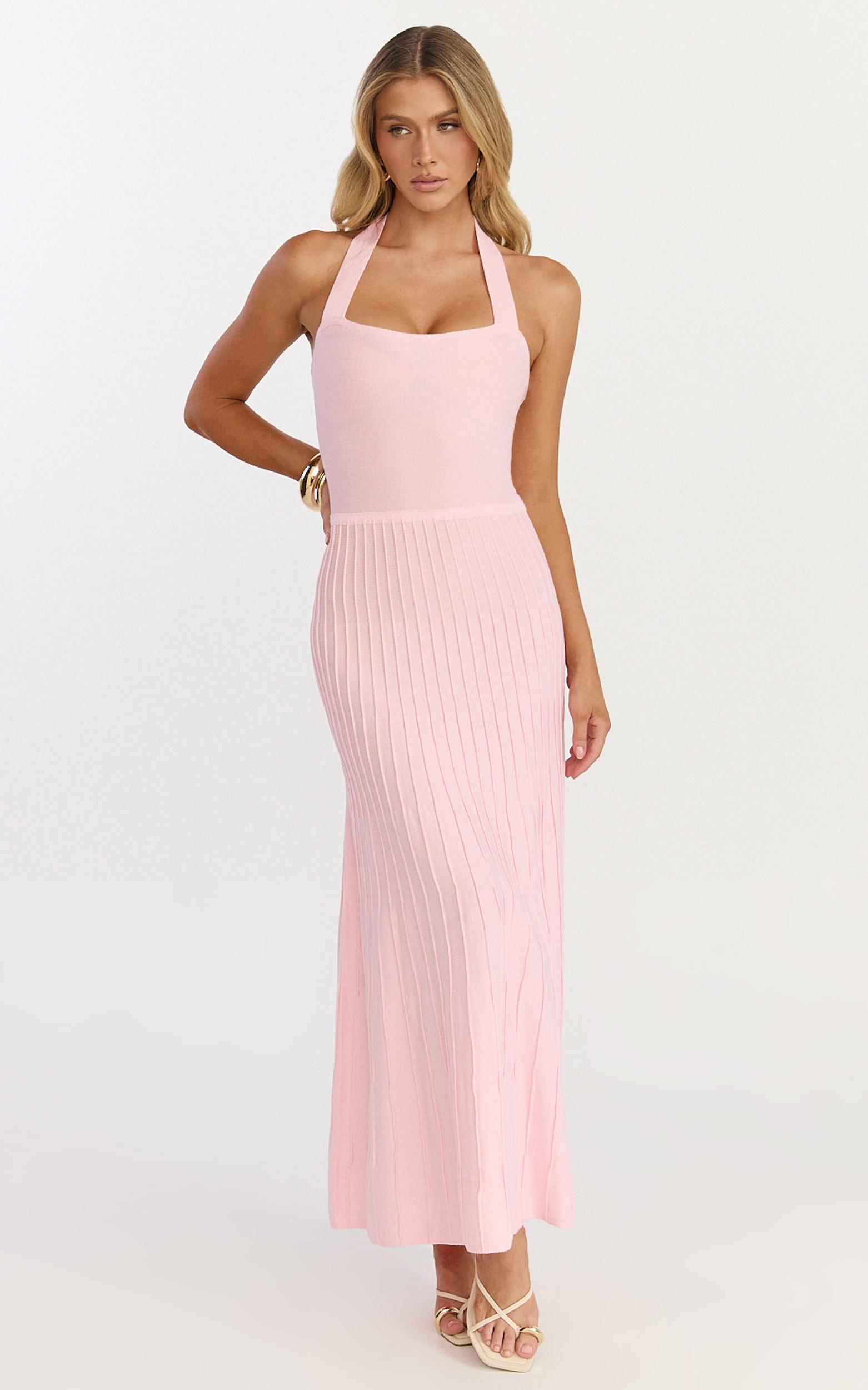 candace midi dress - halter neck ribbed knit dress in pale pink
