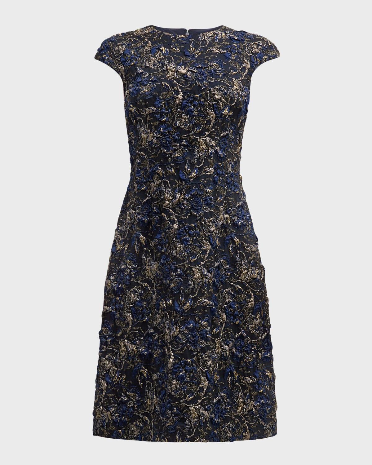 cap-sleeve a-line floral jacquard midi dress