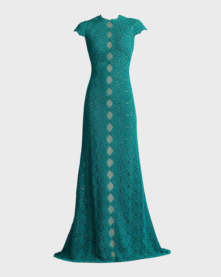 cap-sleeve a-line floral lace gown