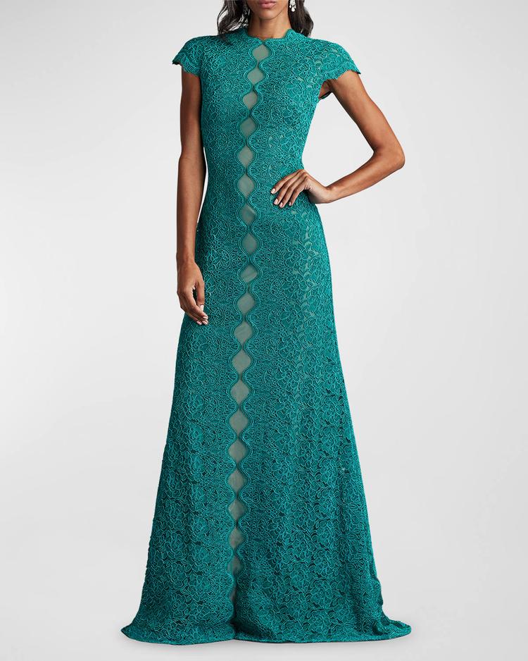 cap-sleeve a-line floral lace gown