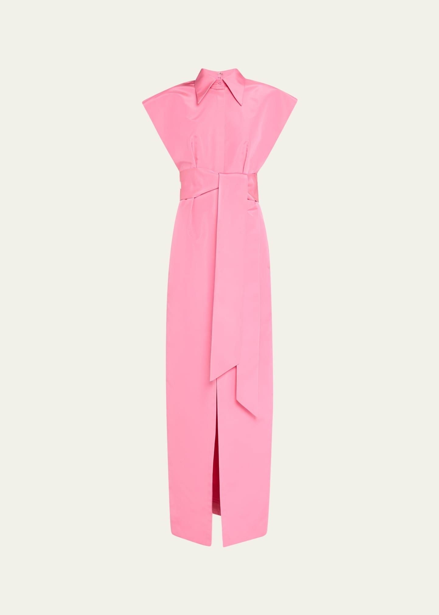 cap-sleeve belted column trench gown