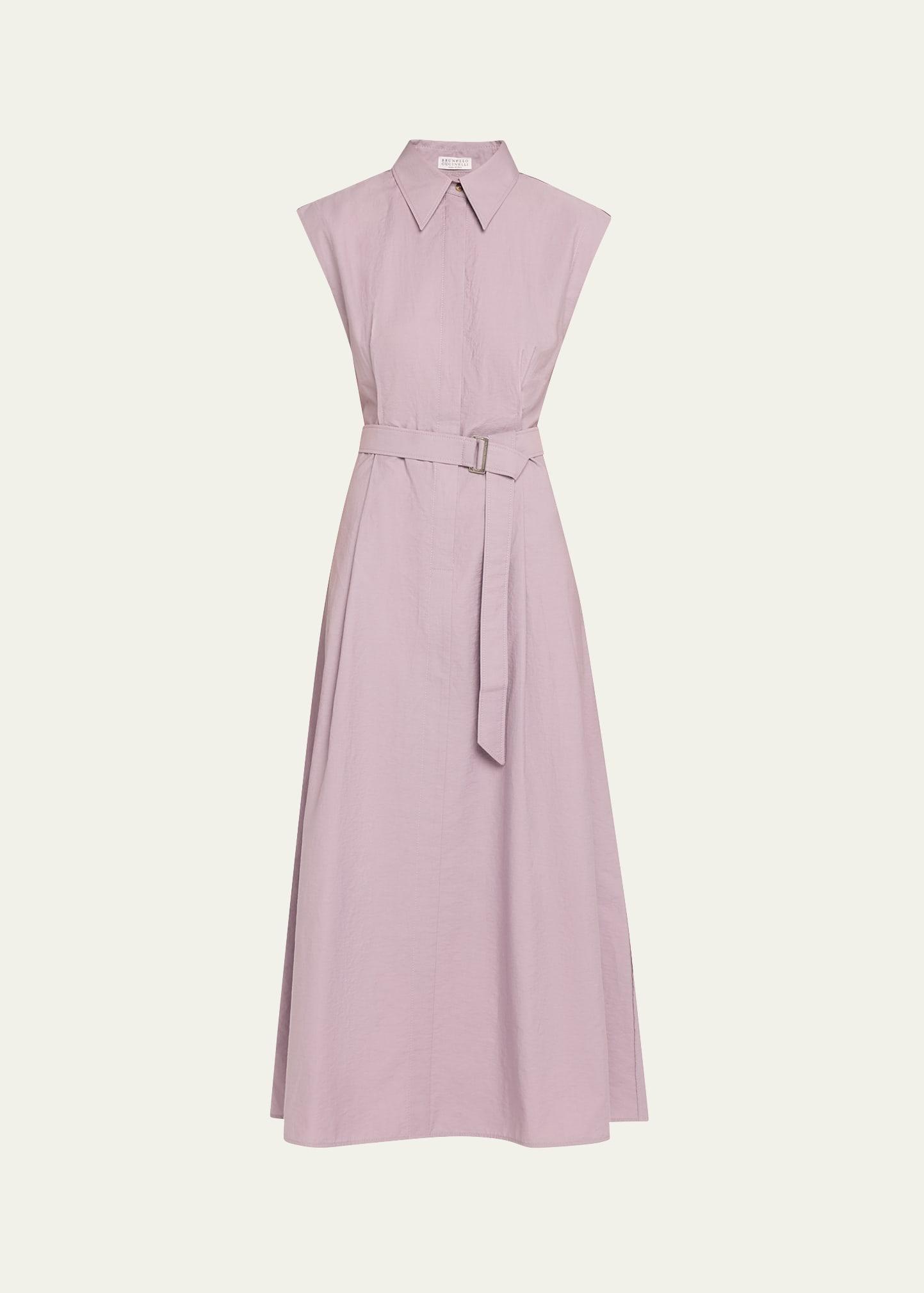 cap-sleeve belted crispy cotton midi shirtdress