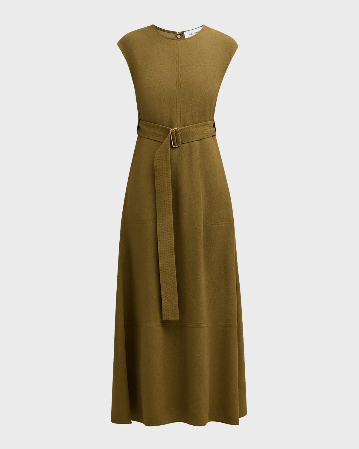 cap-sleeve belted textured crepe midi dress