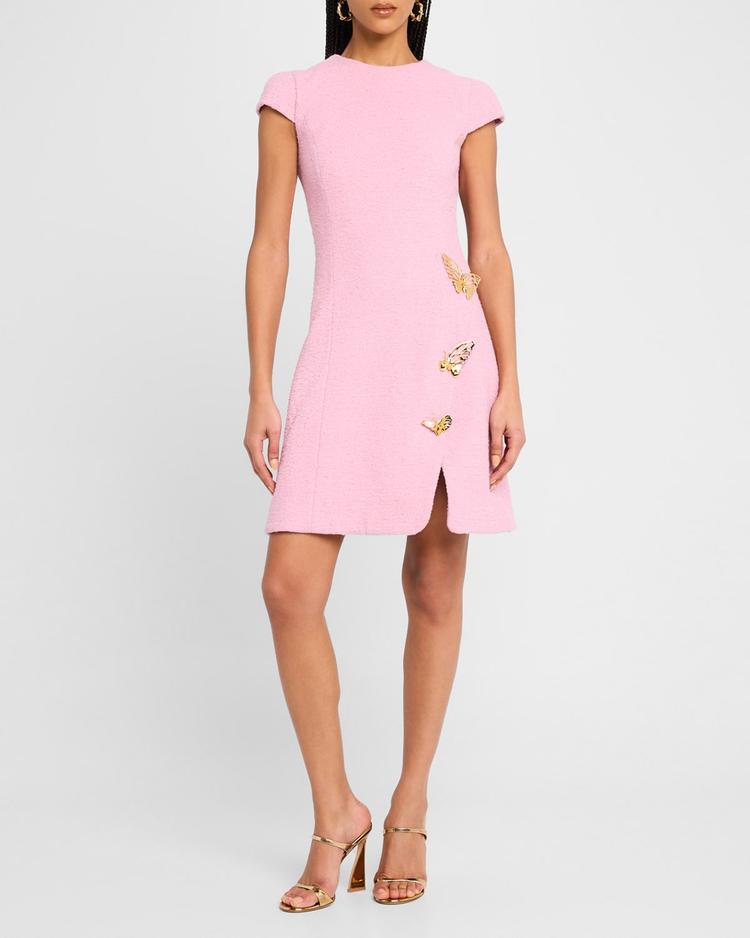 cap-sleeve butterfly-slit tweed mini dress