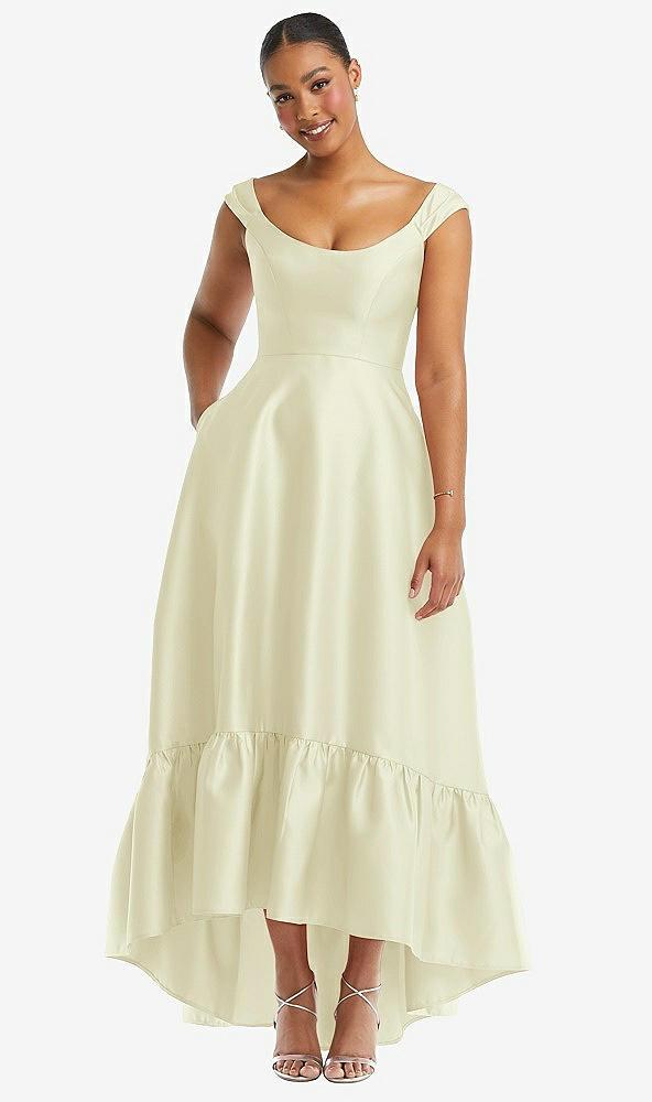 cap sleeve deep ruffle hem satin high low dress with pockets