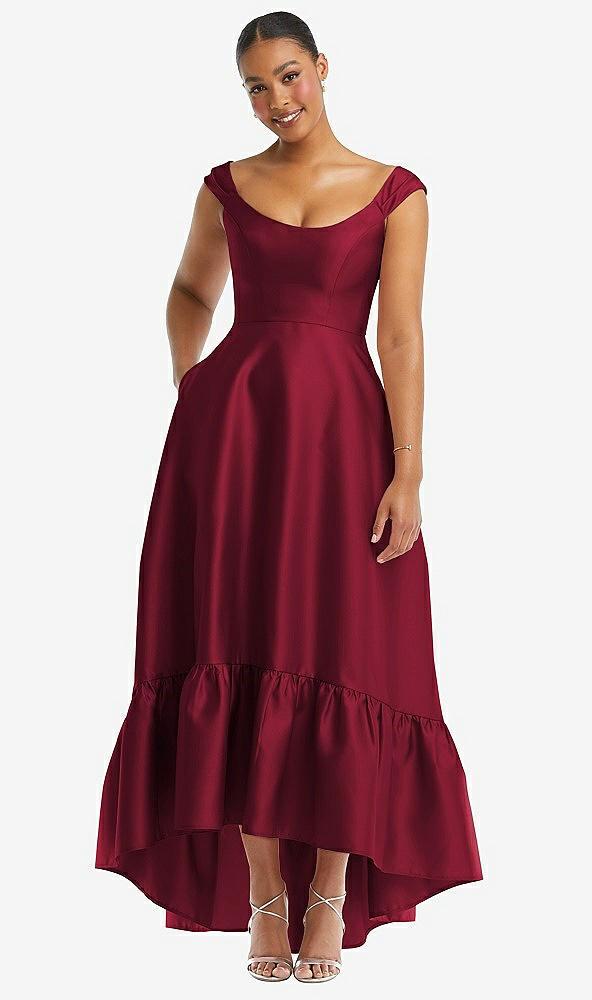 cap sleeve deep ruffle hem satin high low dress with pockets