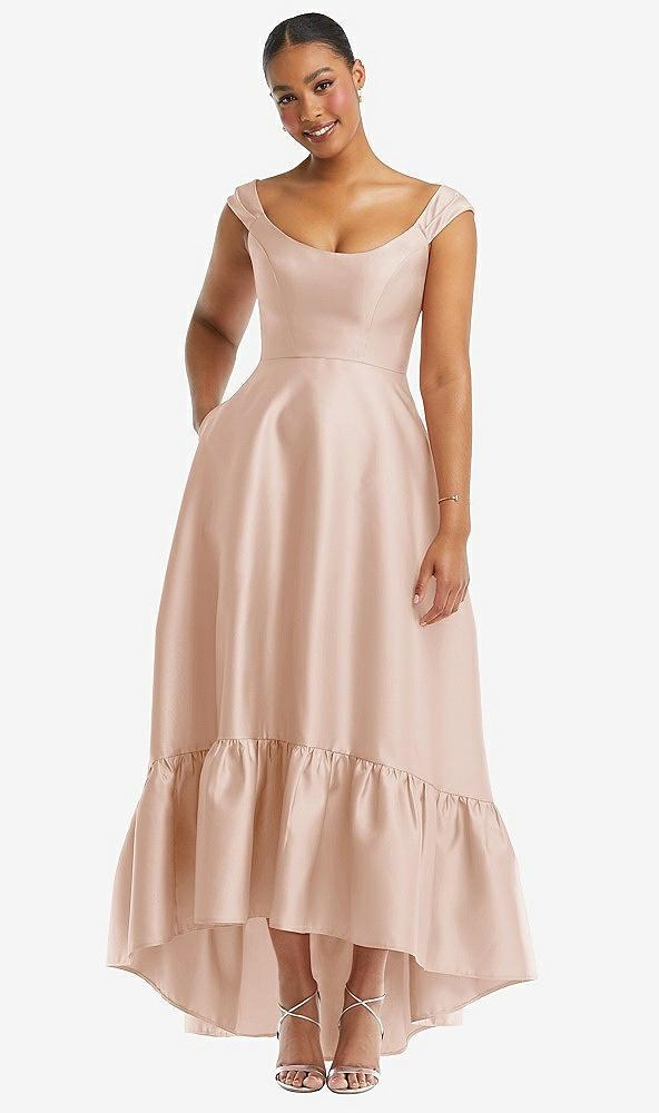 cap sleeve deep ruffle hem satin high low dress with pockets