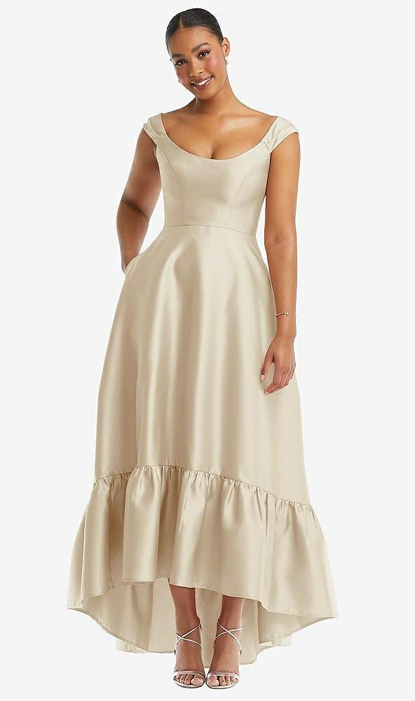cap sleeve deep ruffle hem satin high low dress with pockets