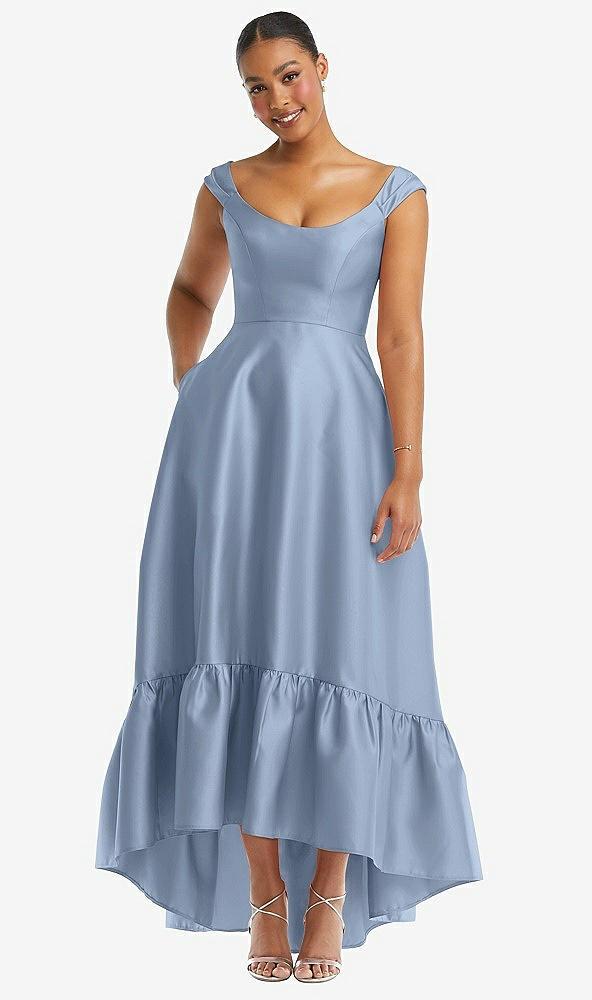 cap sleeve deep ruffle hem satin high low dress with pockets