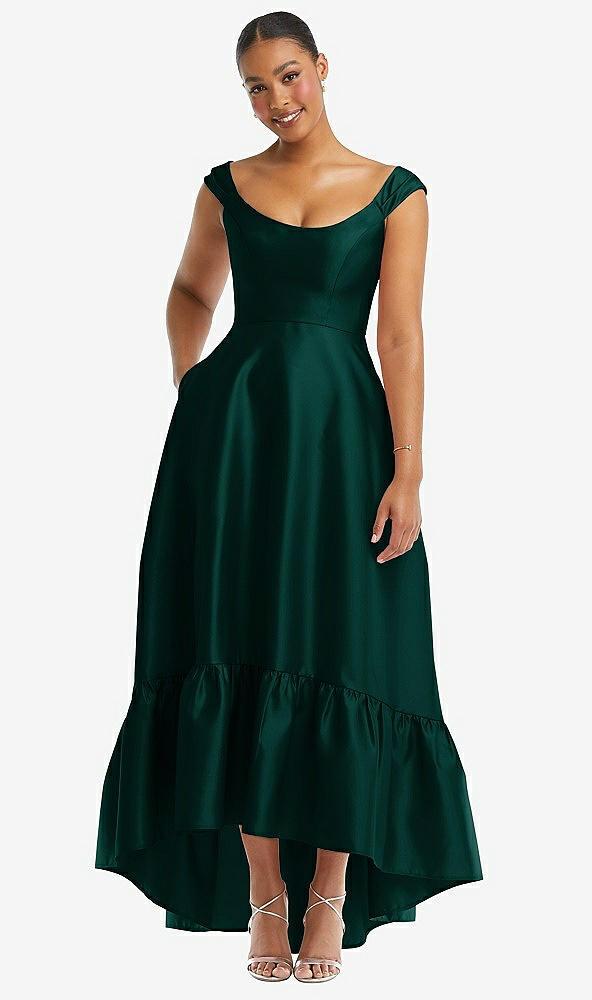 cap sleeve deep ruffle hem satin high low dress with pockets