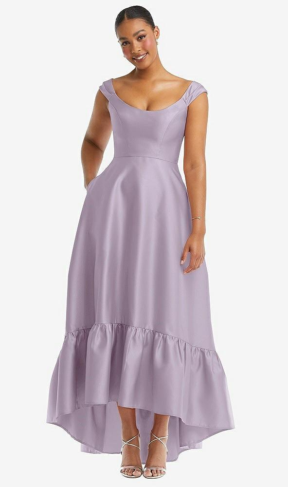 cap sleeve deep ruffle hem satin high low dress with pockets