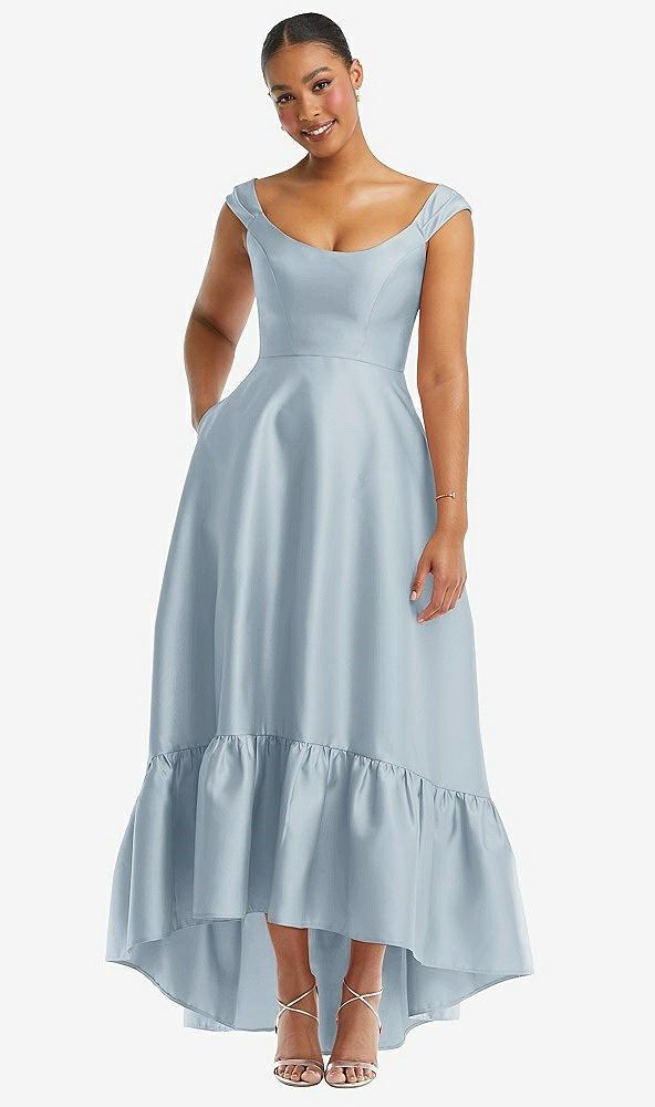 cap sleeve deep ruffle hem satin high low dress with pockets