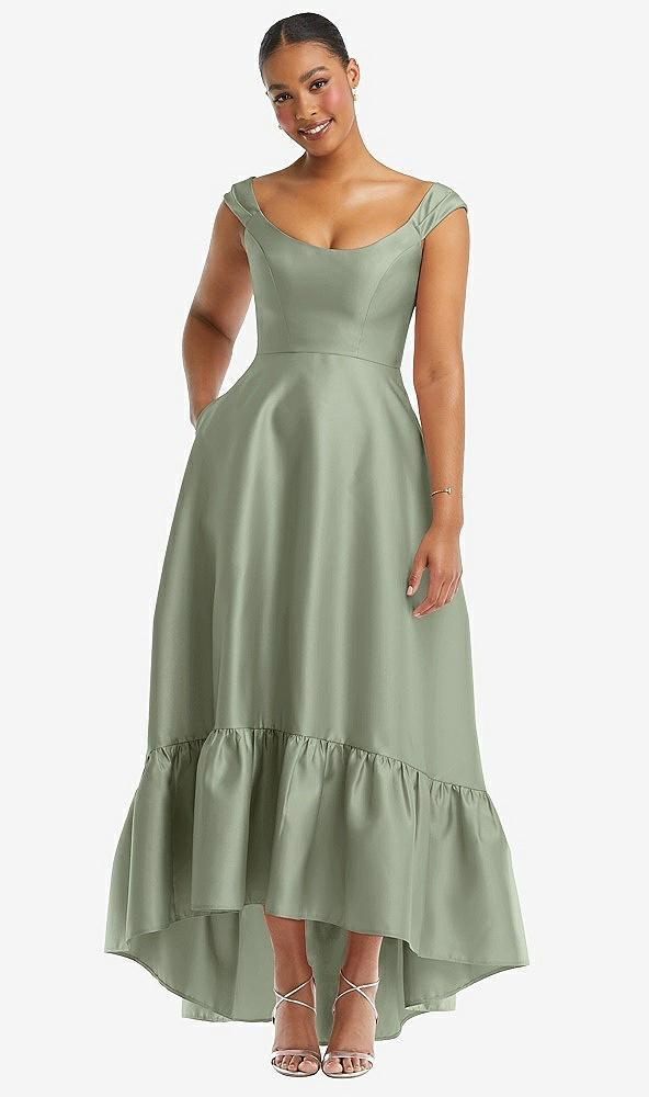 cap sleeve deep ruffle hem satin high low dress with pockets