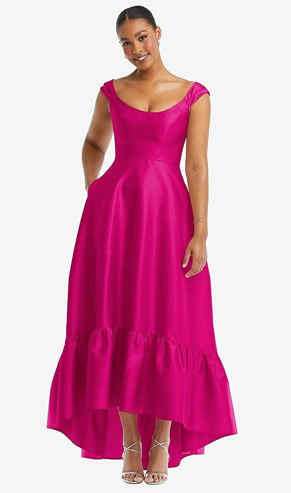 cap sleeve deep ruffle hem satin high low dress with pockets