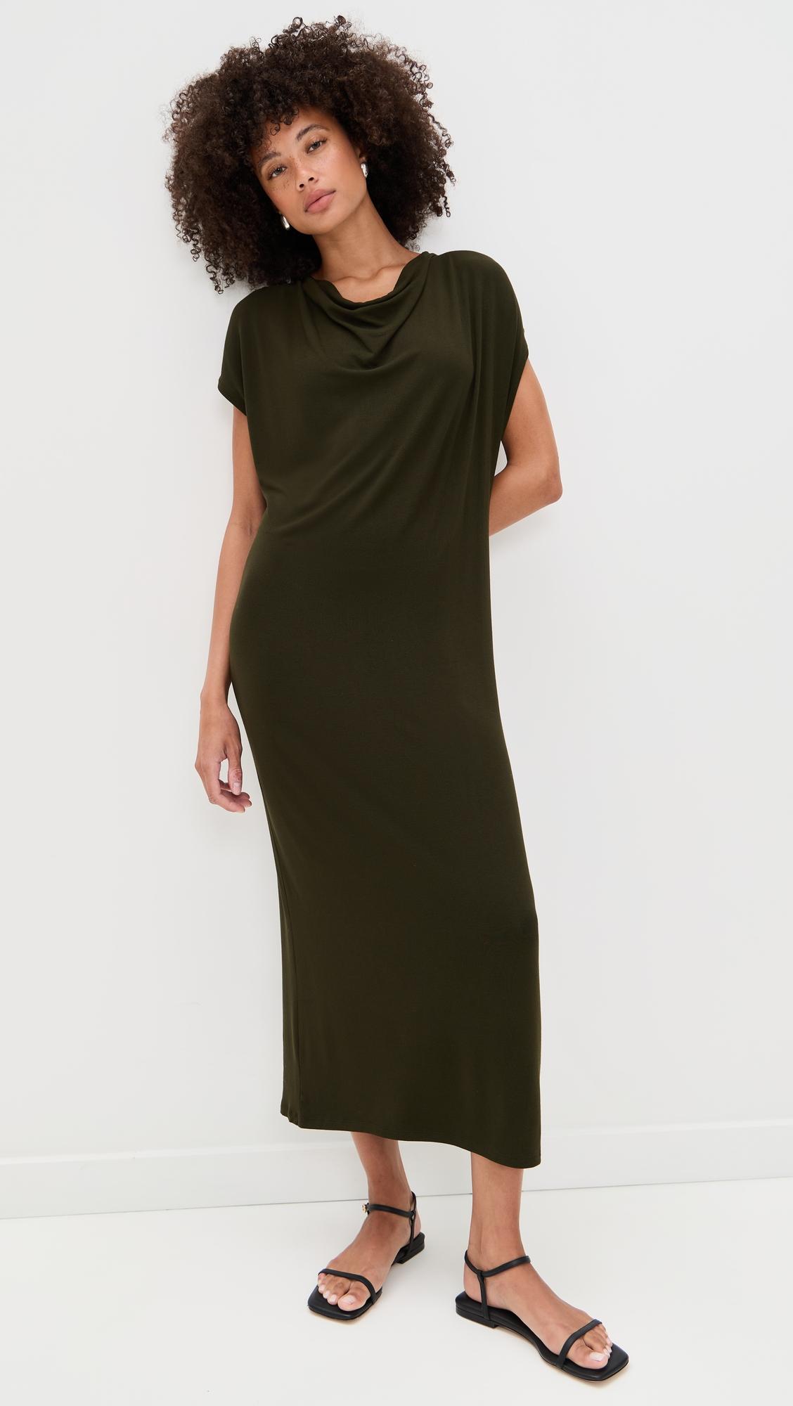 cap sleeve draped cowl neck dress
