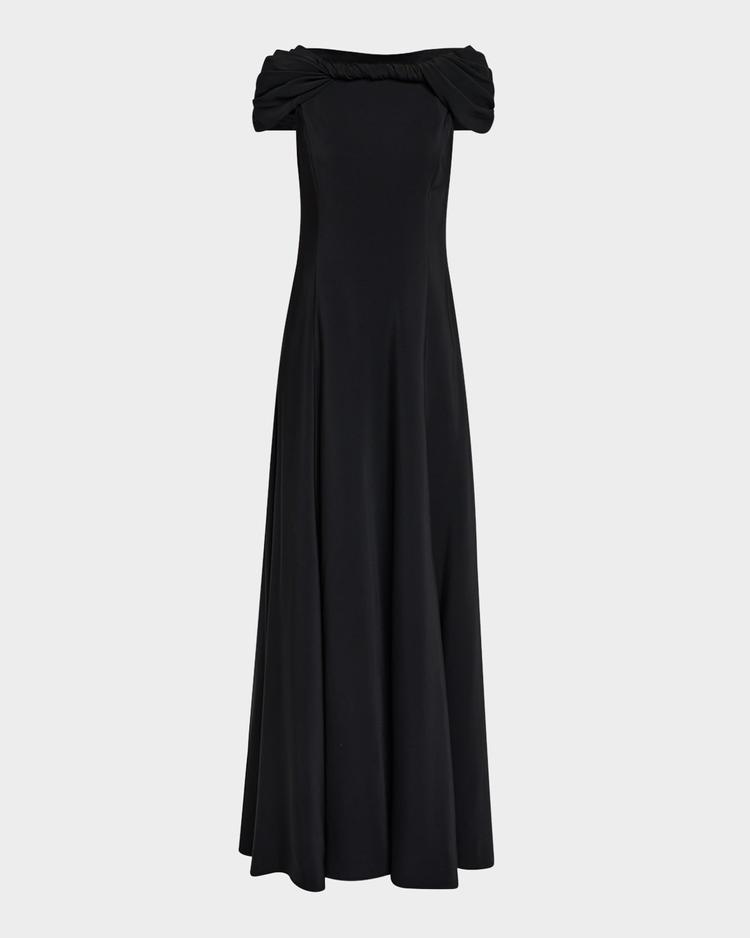 cap sleeve draped stretch cady gown