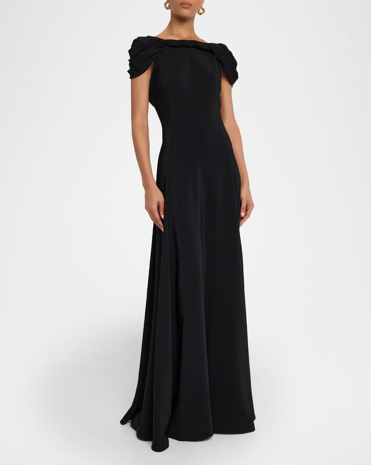 cap sleeve draped stretch cady gown