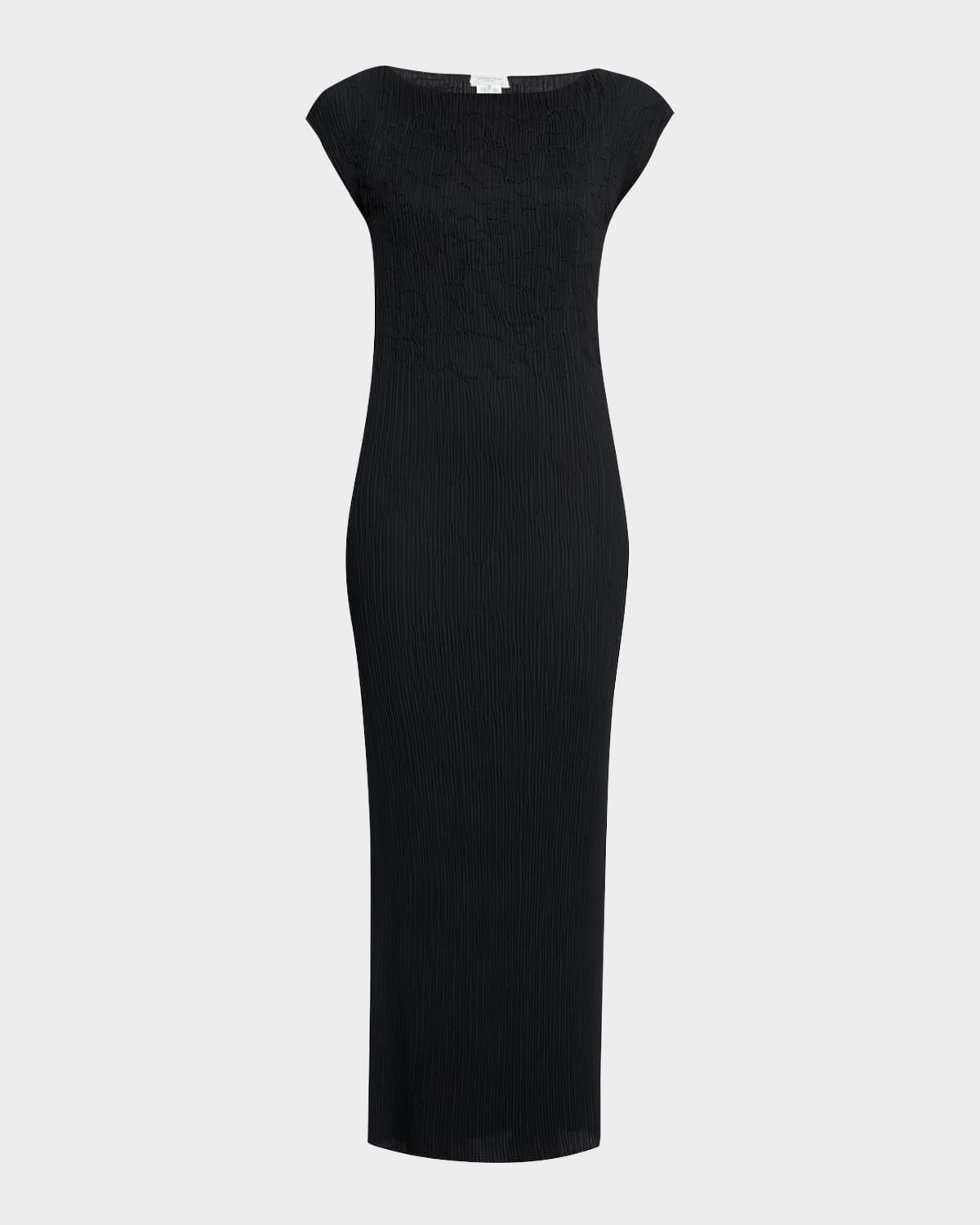 cap-sleeve embroidered plisse maxi dress