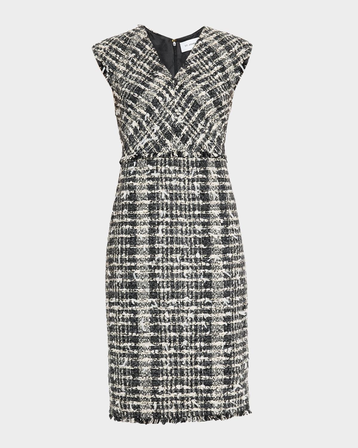 cap-sleeve eyelash tweed dress