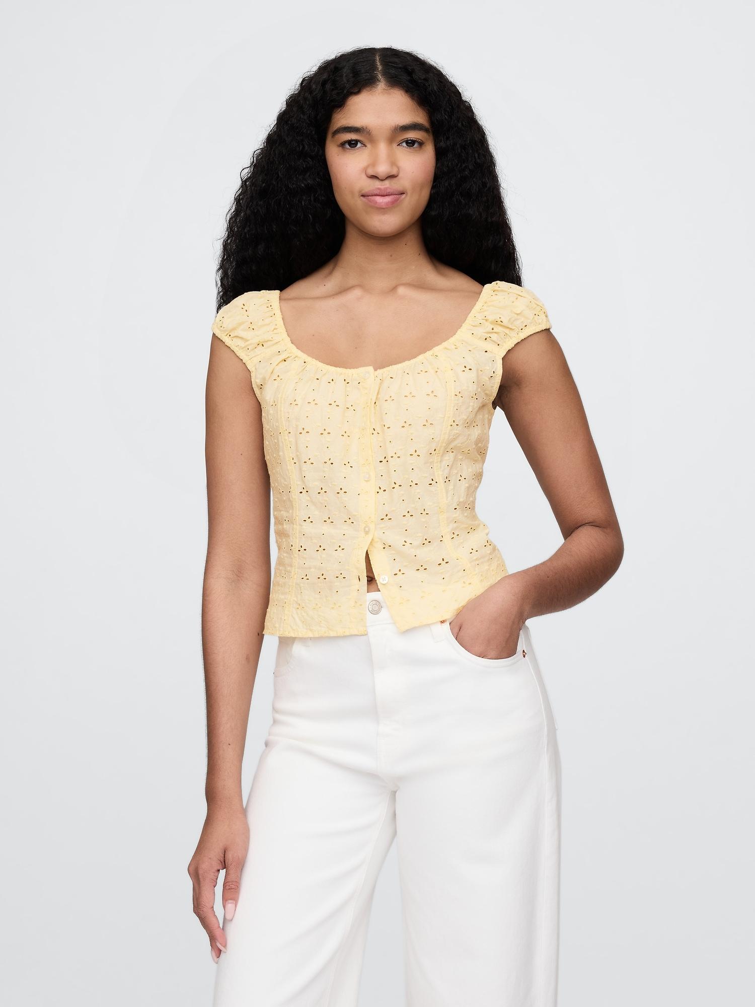 cap-sleeve eyelet top