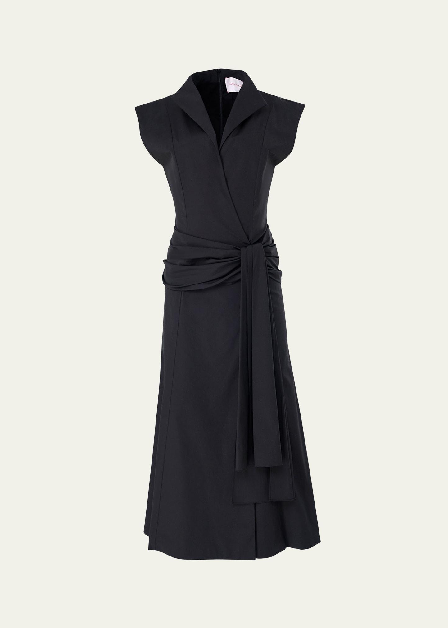cap-sleeve hip-sash midi wrap dress