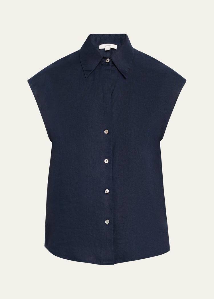 cap-sleeve linen button-front blouse