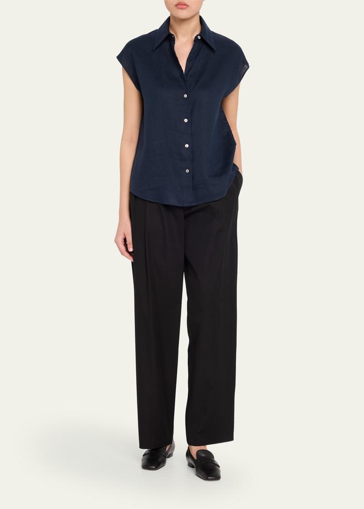 cap-sleeve linen button-front blouse