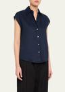 cap-sleeve linen button-front blouse