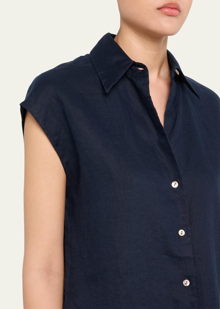 cap-sleeve linen button-front blouse
