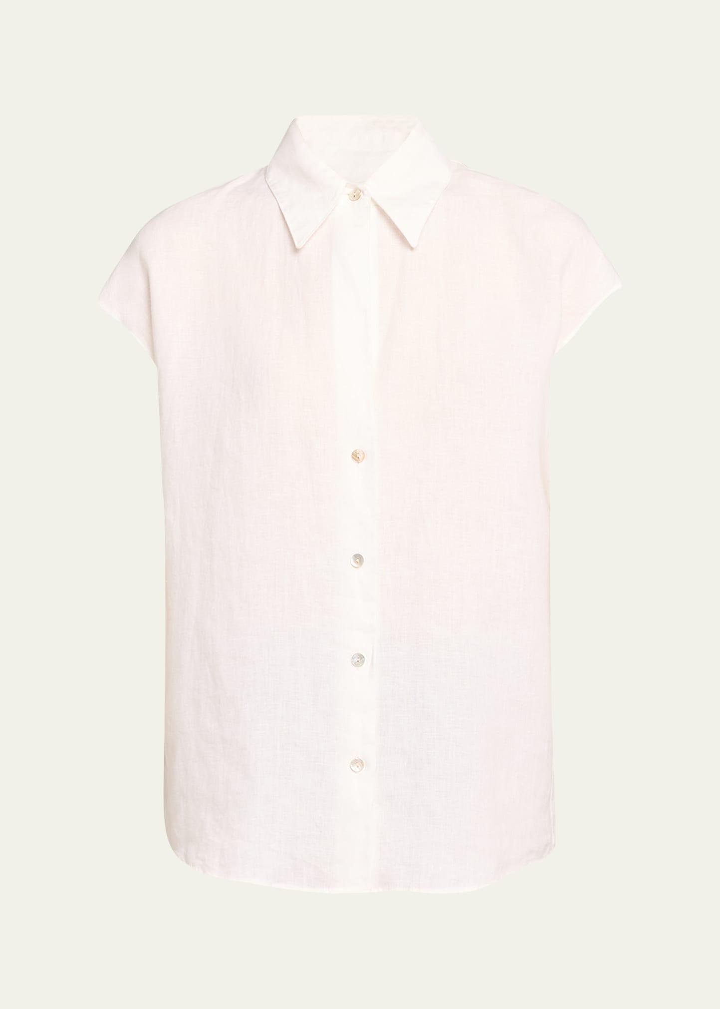 cap-sleeve linen button-front blouse